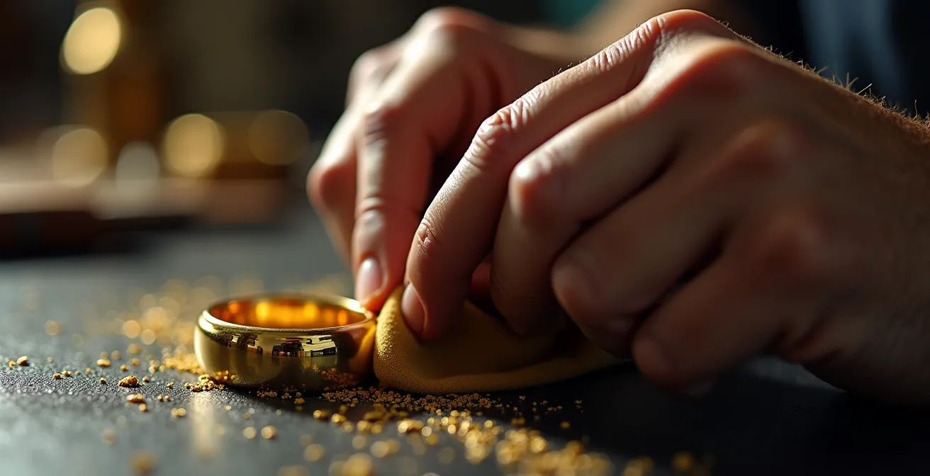Jeune apprenti orfèvre concentré sur le polissage d'une alliance sous l'œil du maître