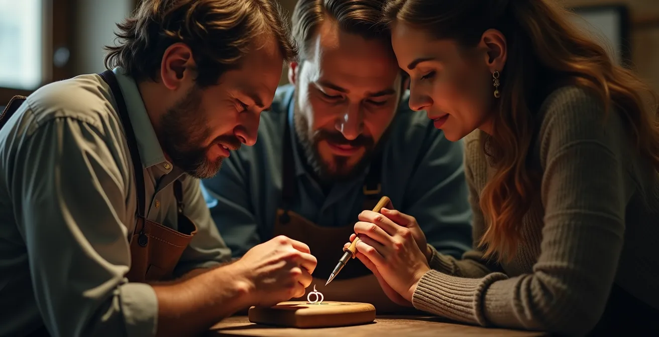 Orfèvre montrant son travail à un couple dans son atelier traditionnel