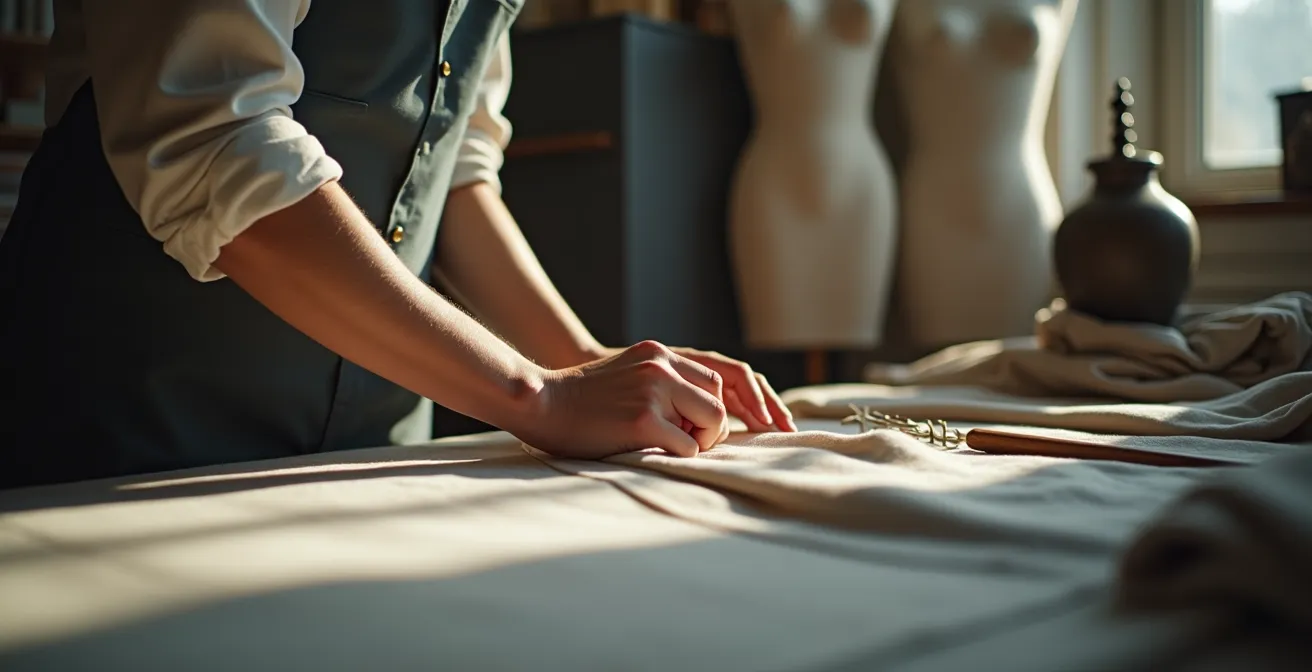 Atelier de couture traditionnel avec mannequin, outils de travail et mains d'artisan.