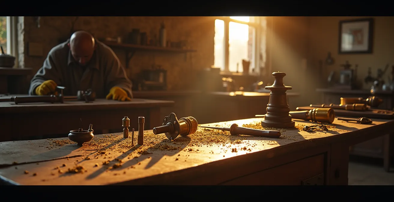 Vue d'ensemble d'un atelier d'orfèvre avec outils traditionnels baignés de lumière dorée