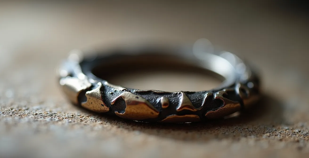 Vue macro d'un bijou artisanal révélant les textures et le travail de la matière