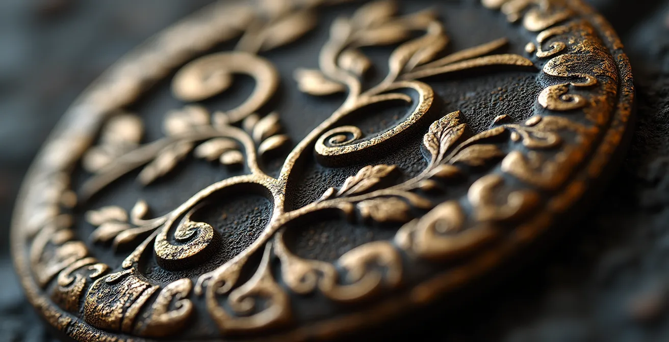 Détail en macro d'un bijou ancien en repoussé montrant la profondeur des reliefs et la complexité des contre-dépouilles