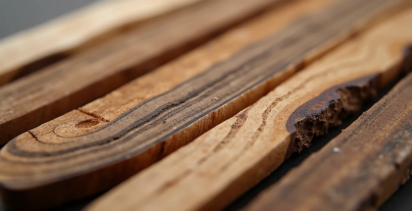 Gros plan sur des bijoux en bois avec différentes finitions naturelles