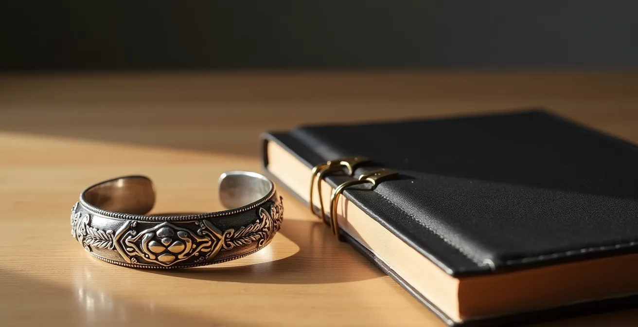 Composition symbolique montrant une manchette ethnique argentée posée sur un bureau épuré avec carnet de cuir