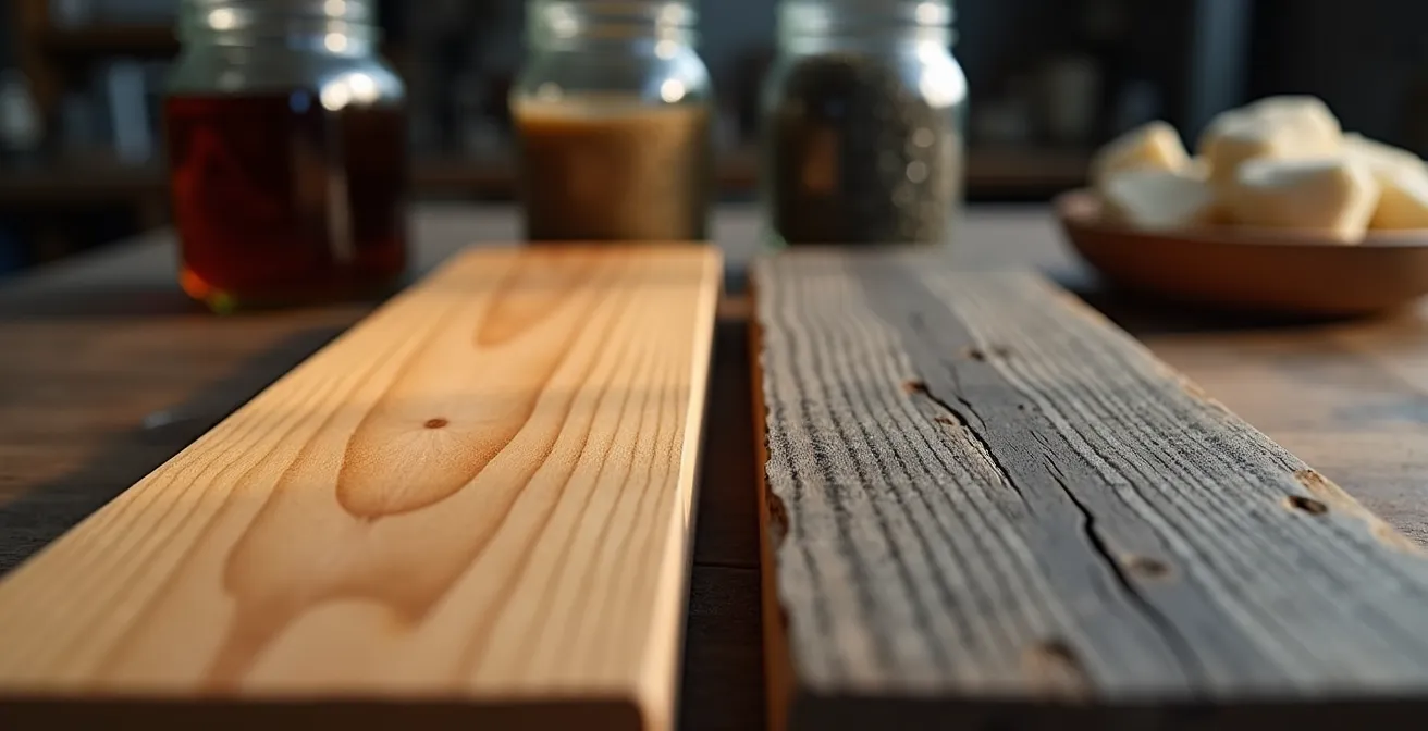 Comparaison avant-après du vieillissement du bois avec la technique du thé noir