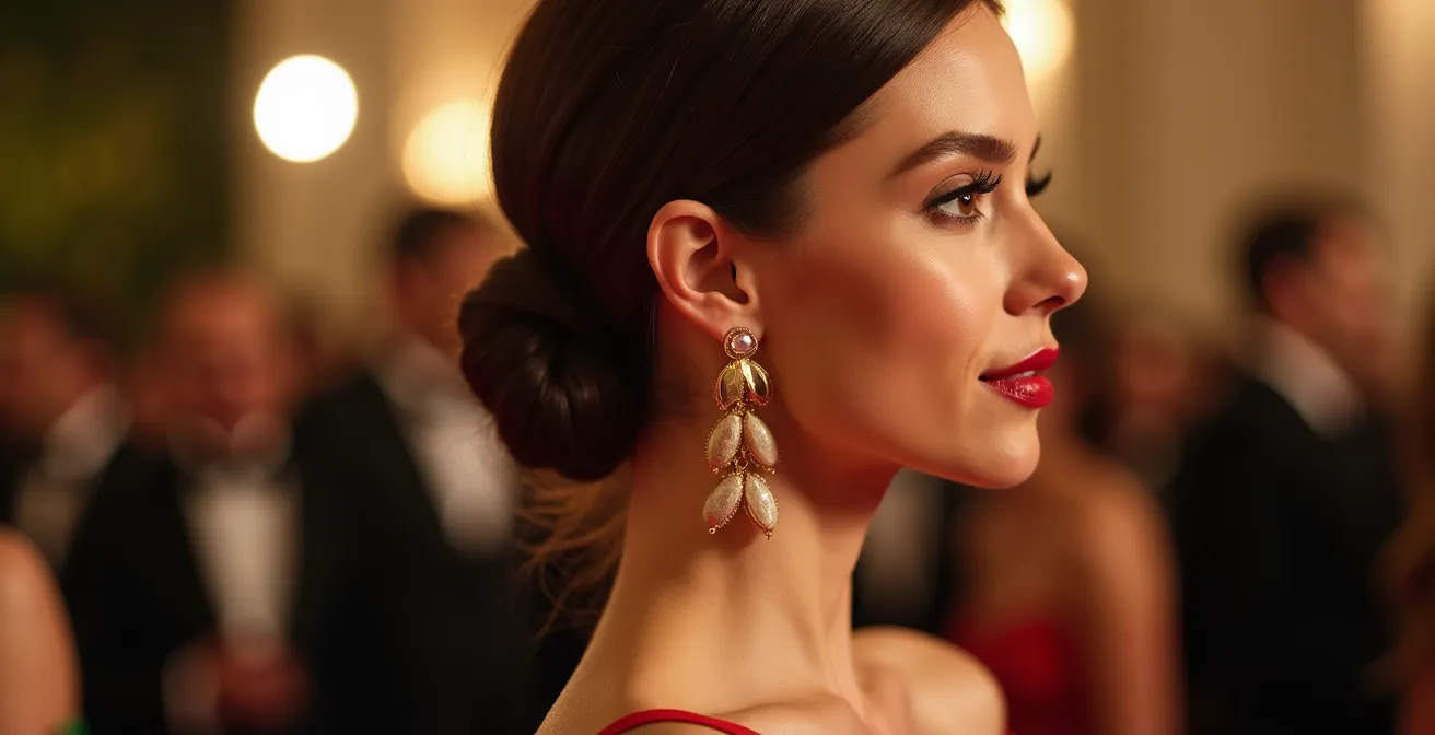 Portrait élégant d'une femme portant des boucles d'oreilles en graines de tagua avec monture dorée lors d'une cérémonie