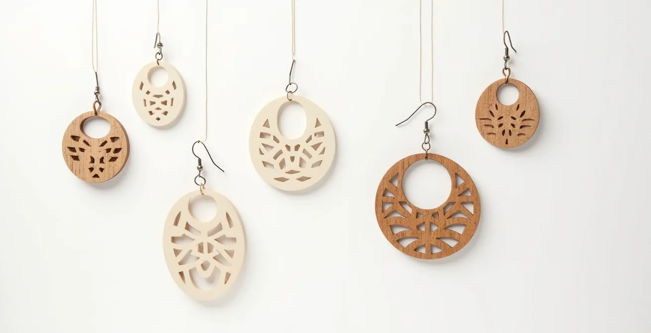 Composition artistique de boucles d'oreilles XXL en bois ajouré montrant la légèreté par le design