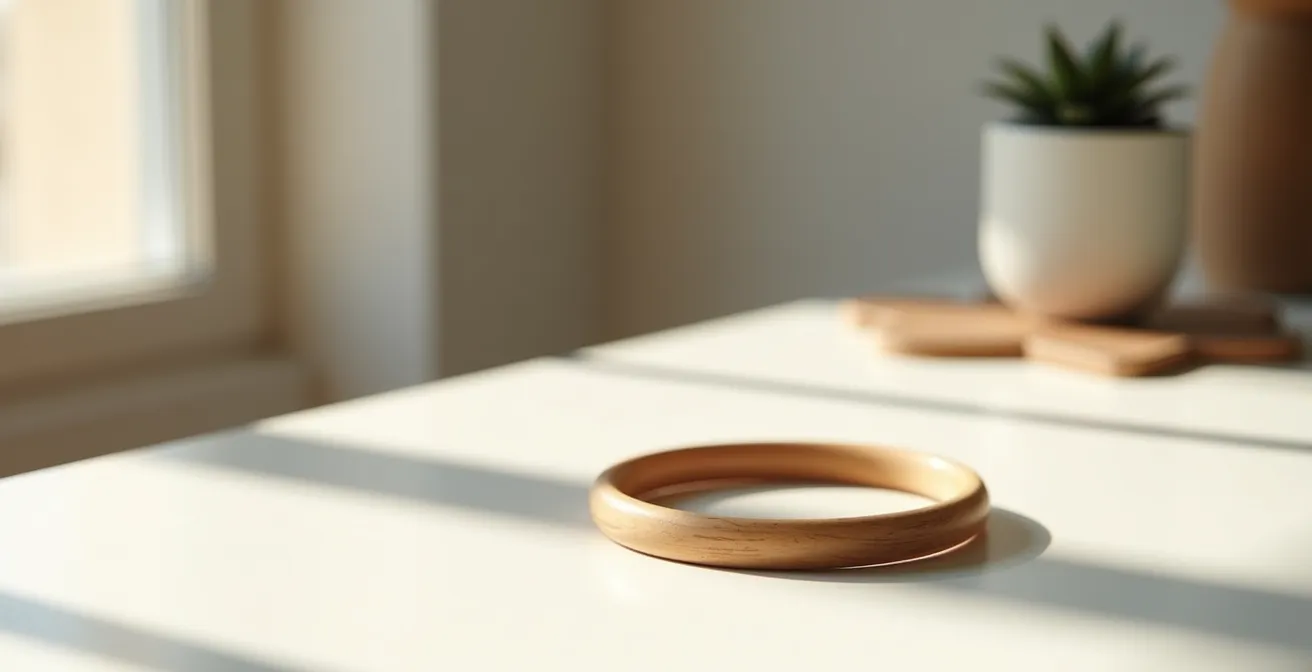Bracelet de santal blanc posé sur un bureau épuré avec plante verte et lumière naturelle douce