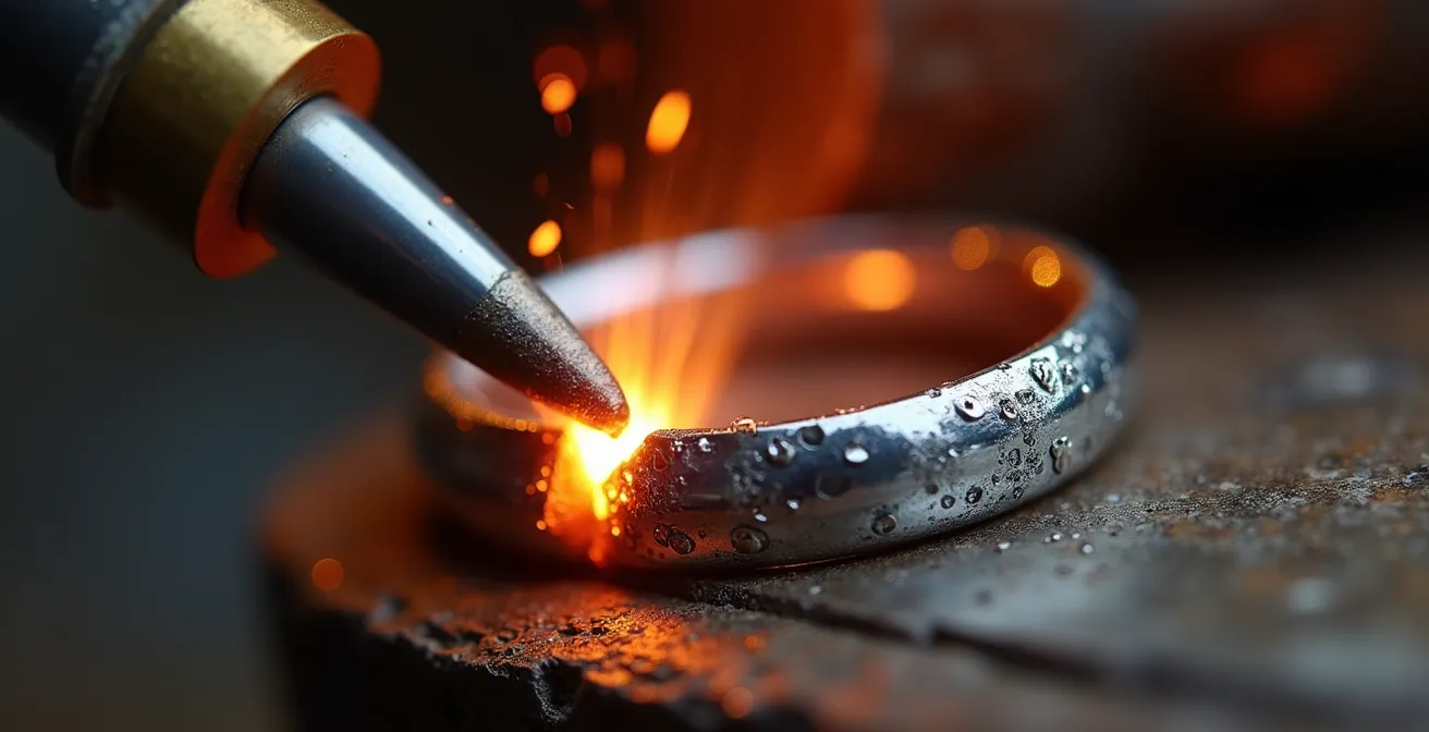 Gros plan sur le brasage traditionnel d'un bijou avec flamme et métal en fusion