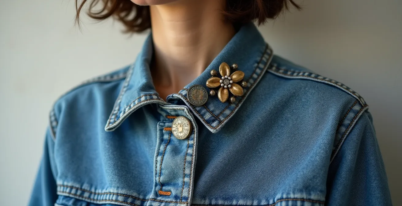 Association créative d'une broche vintage sur une veste en jean moderne