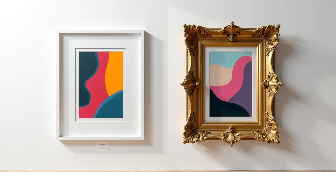 Comparaison visuelle entre un cadre minimaliste et un cadre baroque sur une même œuvre contemporaine