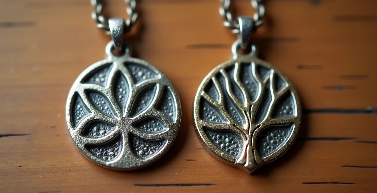 Vue macro de deux pendentifs symboliques côte à côte sur une surface naturelle, l'un avec un motif de cercles entrelacés et l'autre avec une texture de branches verticales.