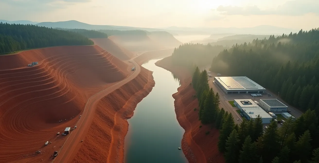 Vue aérienne d'une mine de diamants et d'un laboratoire de synthèse côte à côte