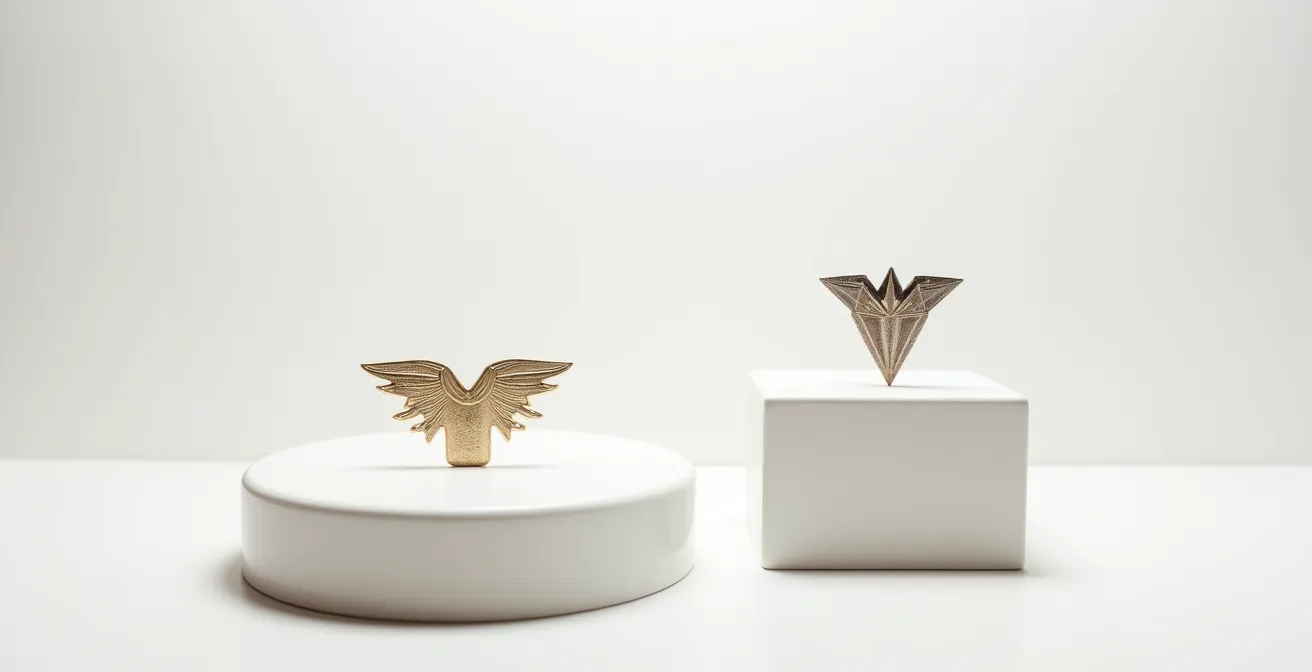 Juxtaposition d'un bijou original artisanal et de sa copie industrielle, montrant la perte de détails et de qualité