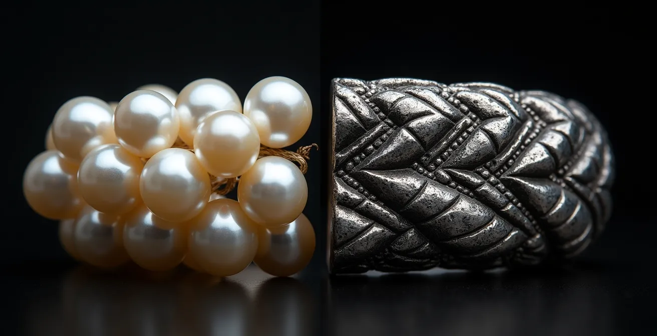 Comparaison macro entre perles enfilées et métal forgé montrant les différences de texture et de travail