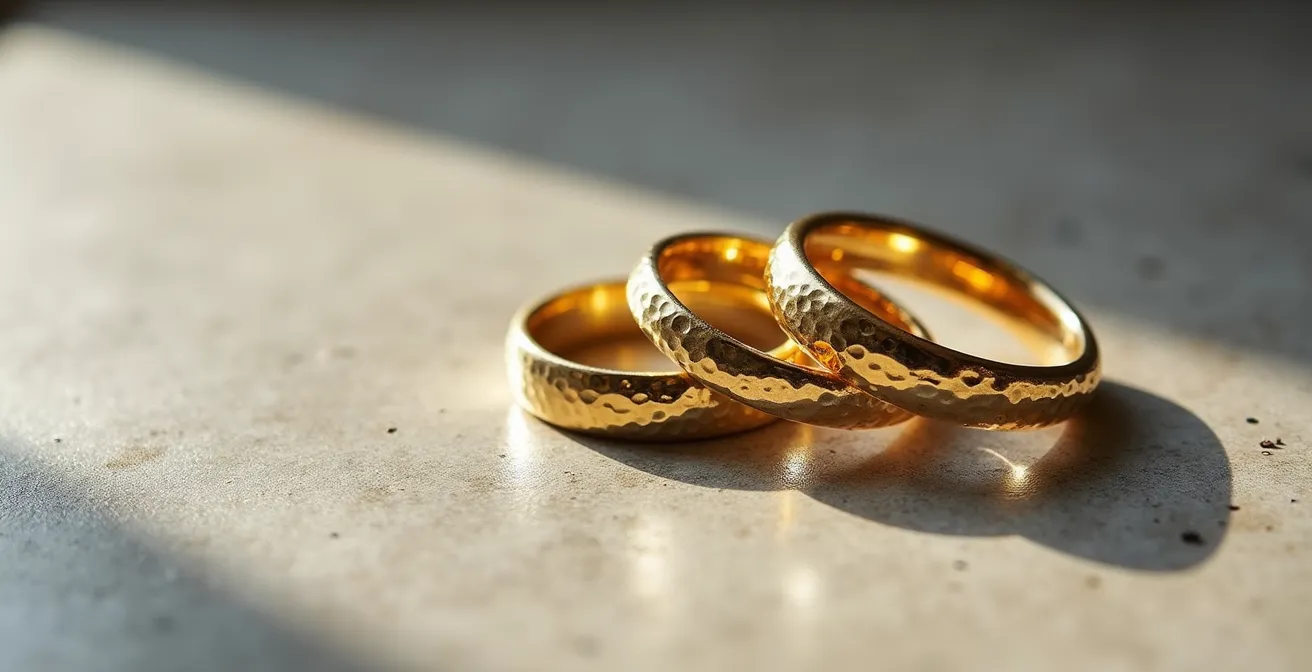 Trois alliances côte à côte montrant différentes intensités de martelage du plus fin au plus marqué