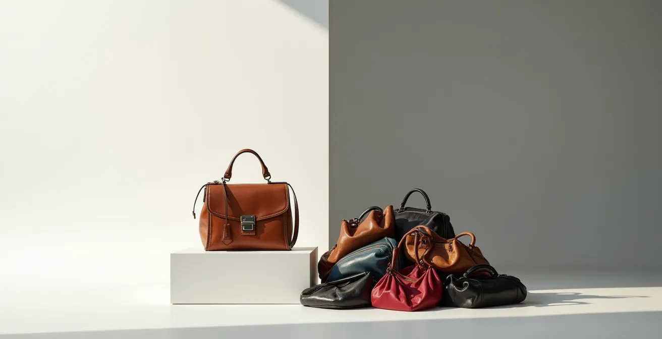 Composition minimaliste montrant la différence de qualité et de durabilité entre un sac artisanal et plusieurs sacs de fast fashion