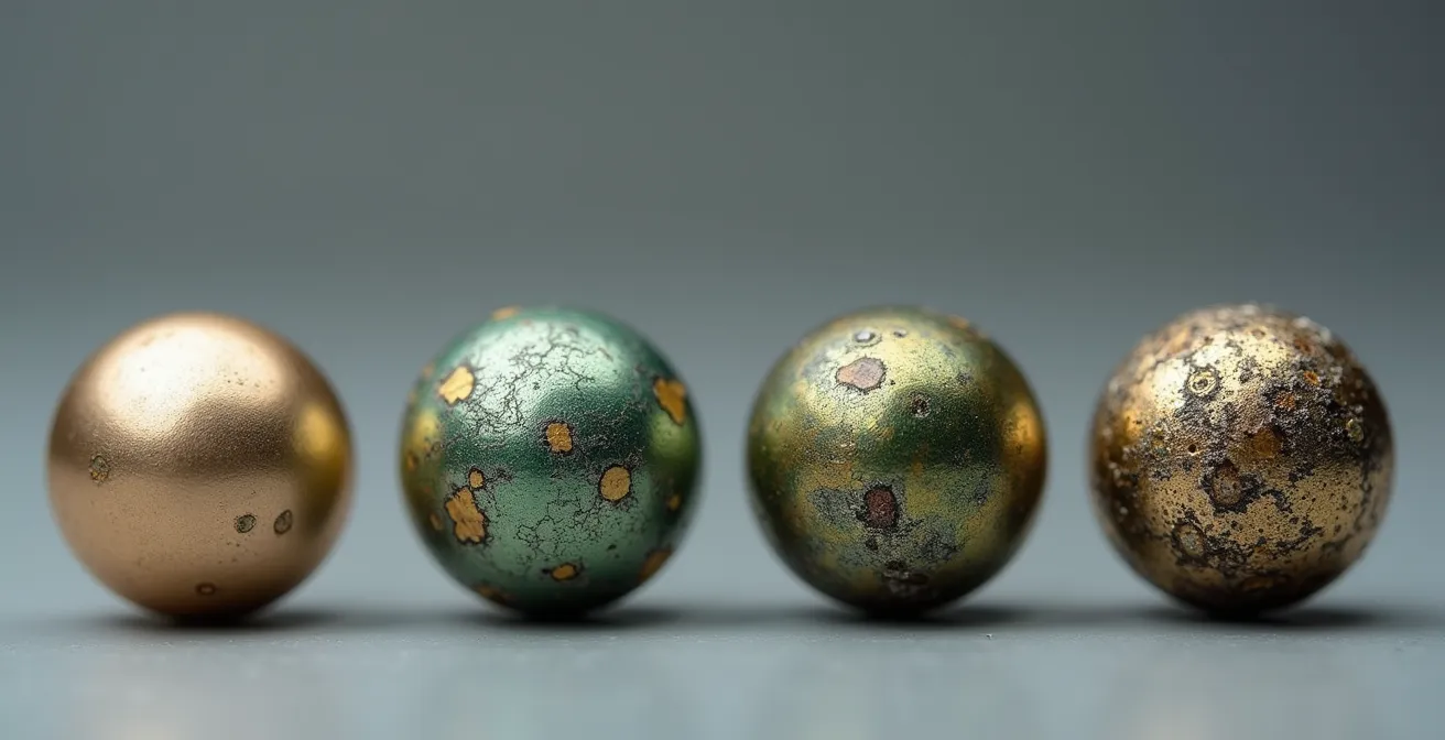 Evolution temporelle de deux bijoux sur 24 mois montrant la dégradation d'un bijou plaqué face à la durabilité d'un bijou massif