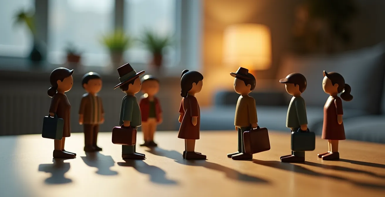 Arrangement artistique de statuettes créant une scène narrative sur une étagère