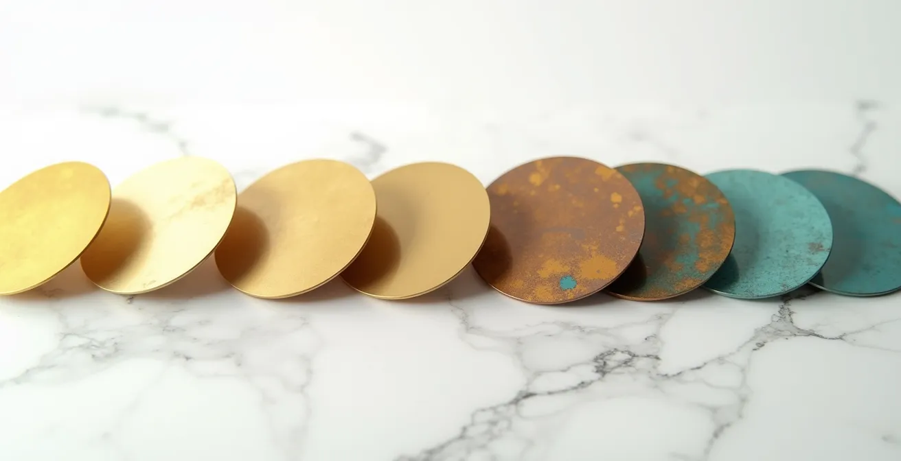 Échelle visuelle montrant les différents stades de patine du laiton du jaune au vert-de-gris