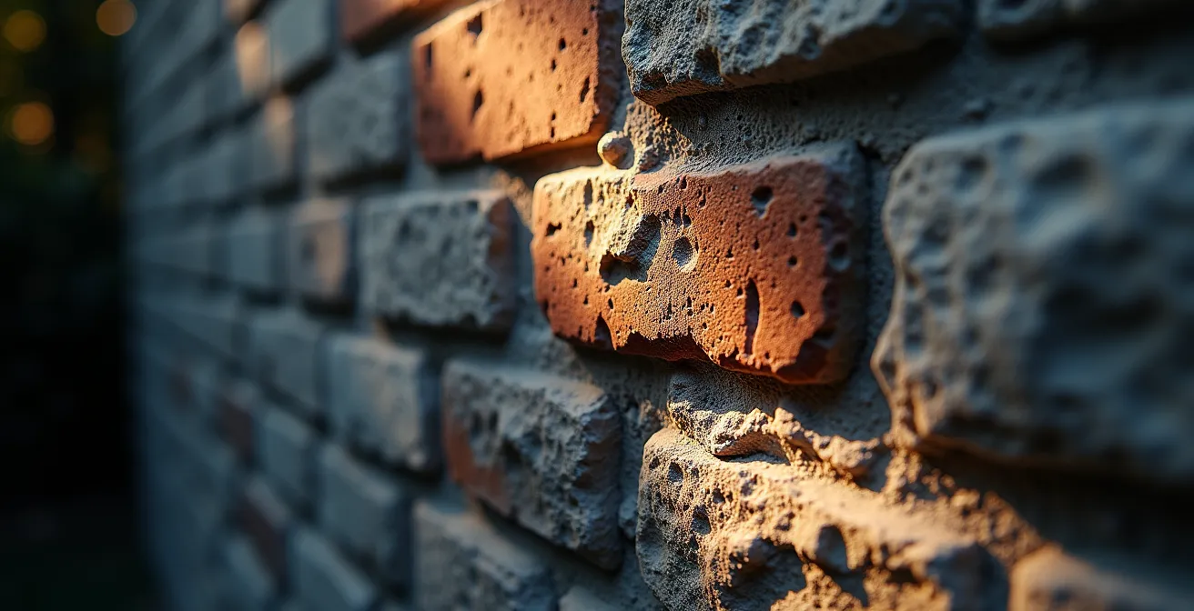 Mur en pierre naturelle éclairé par une lumière rasante créant des ombres dramatiques