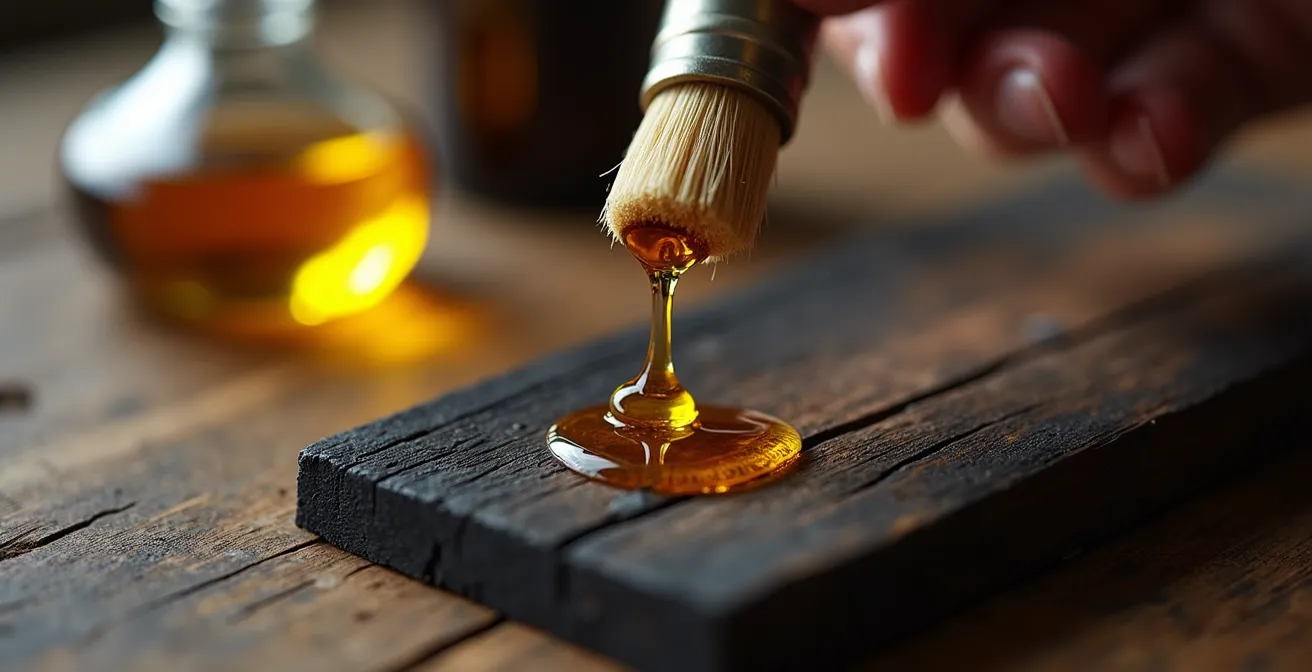 Application d'huile naturelle sur un bijou en ébène avec des outils d'entretien artisanaux