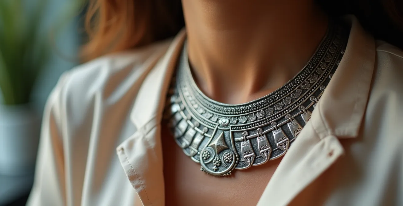 Gros plan sur un collier touareg en argent porté lors d'une conversation professionnelle