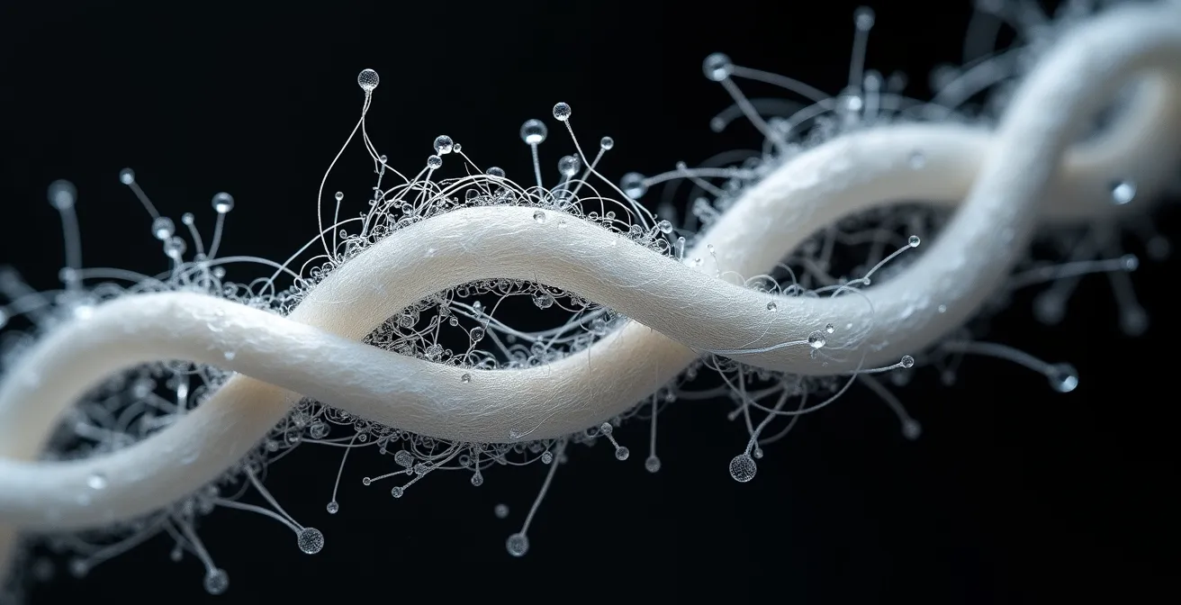 Vue macro détaillée de fibres de lin montrant leur structure creuse