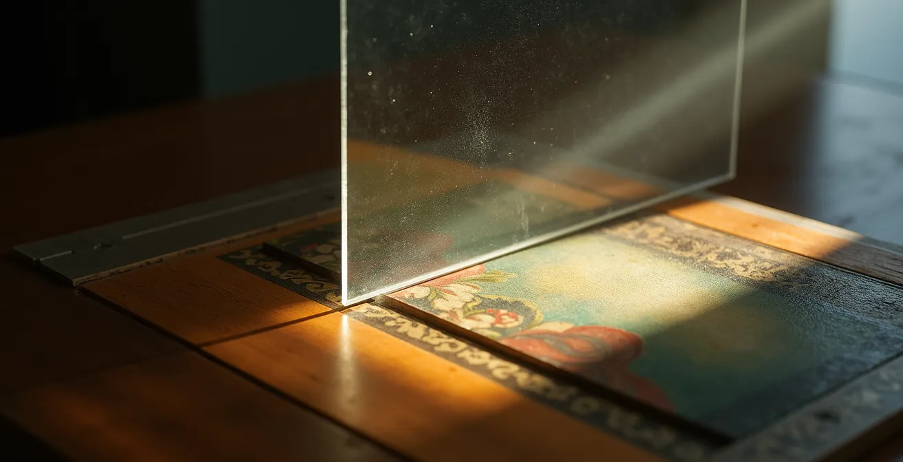 Rayon de lumière traversant un filtre UV protégeant une peinture ancienne