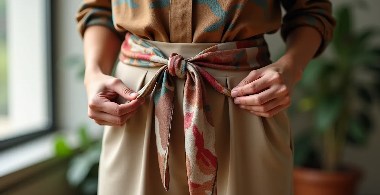 Femme portant un foulard noué en ceinture sur une tenue monochrome