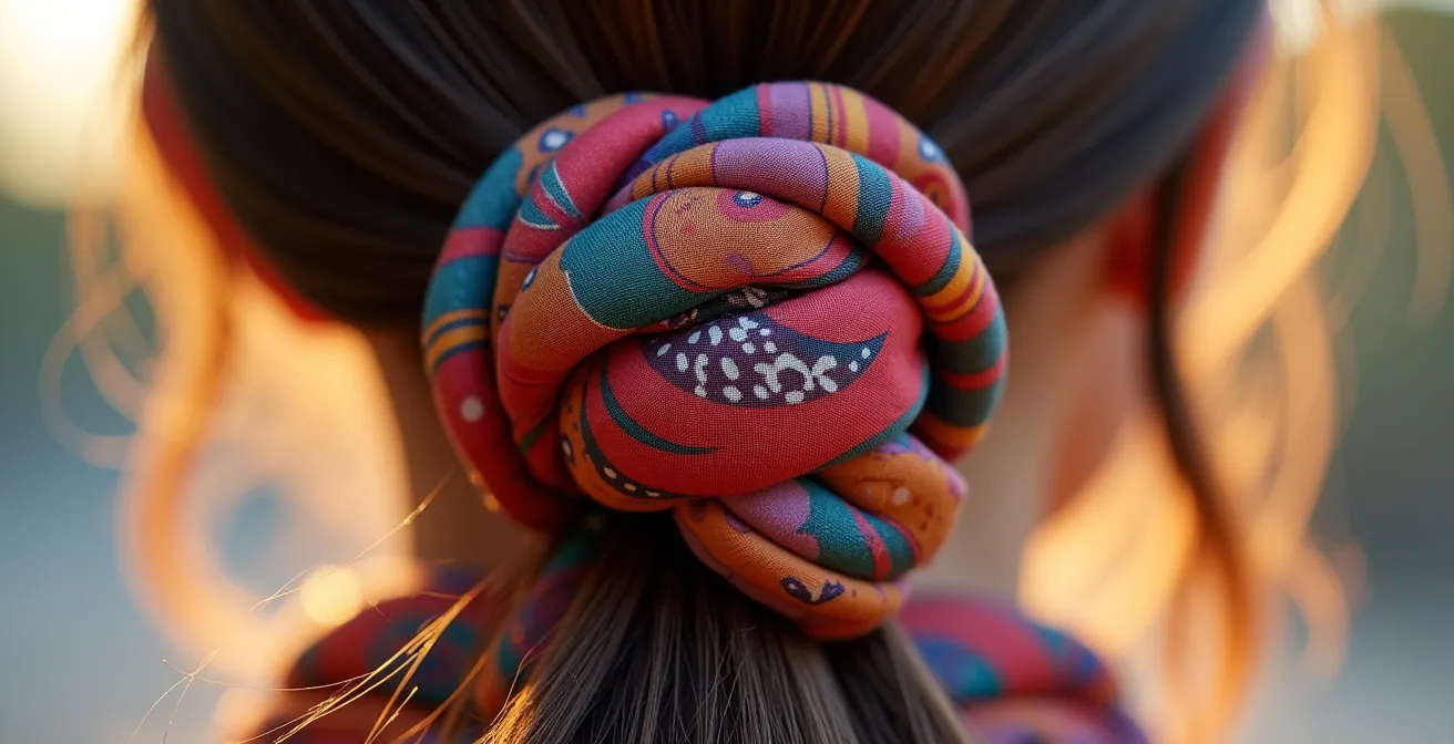 Gros plan sur une coiffure avec foulard noué en turban élégant