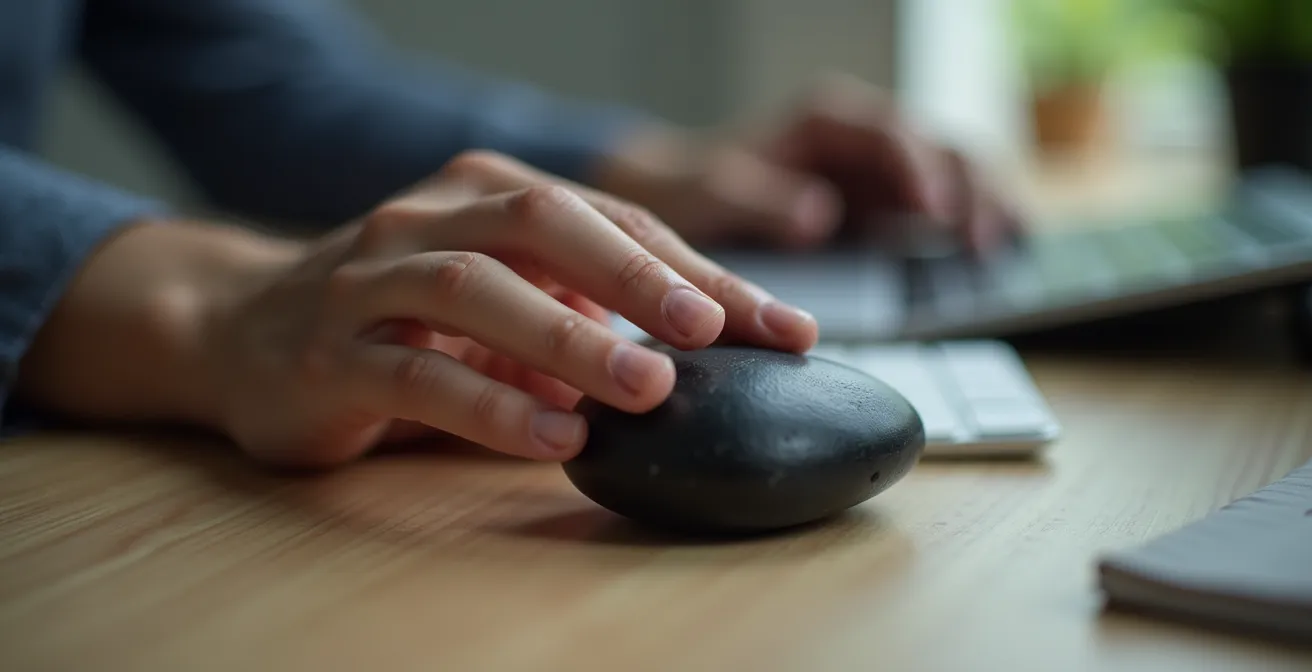Main d'une personne tenant discrètement un galet poli noir sous le rebord d'un bureau en bois, dans un environnement de travail professionnel flou.