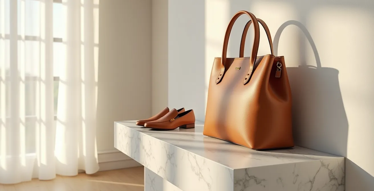 Ensemble coordonné montrant un sac camel et des chaussures cognac avec détails dorés subtils