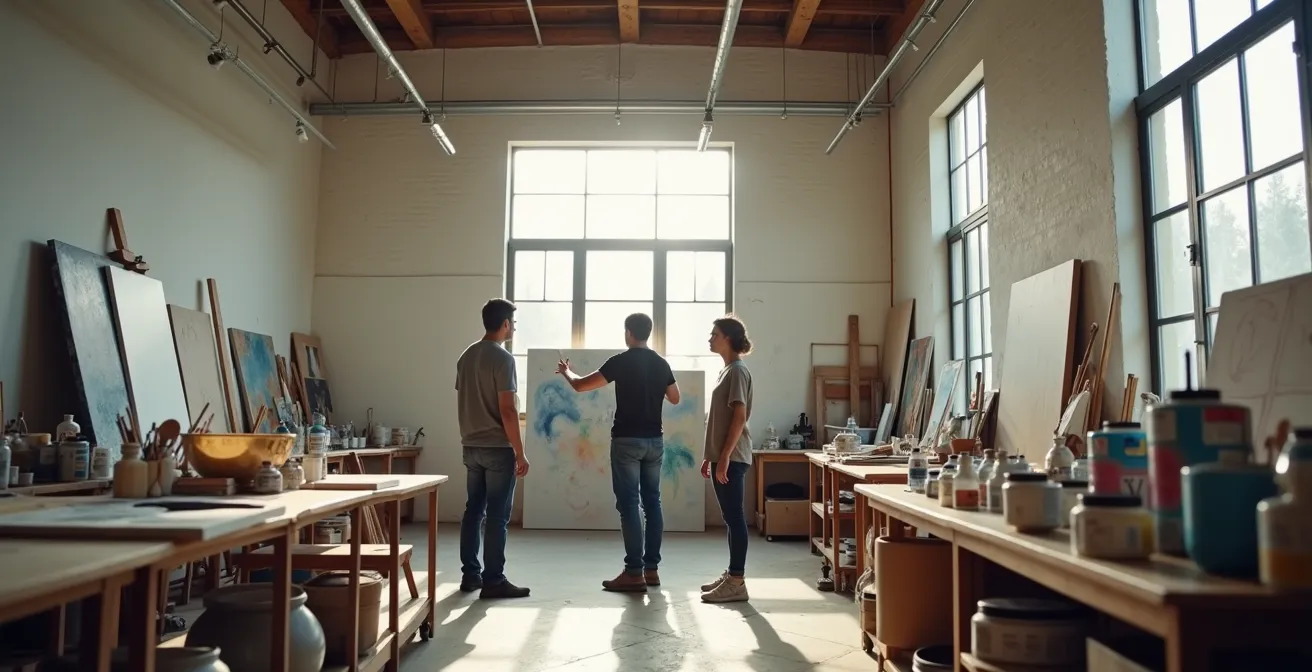 Rencontre entre un collectionneur et un jeune artiste dans son atelier de création