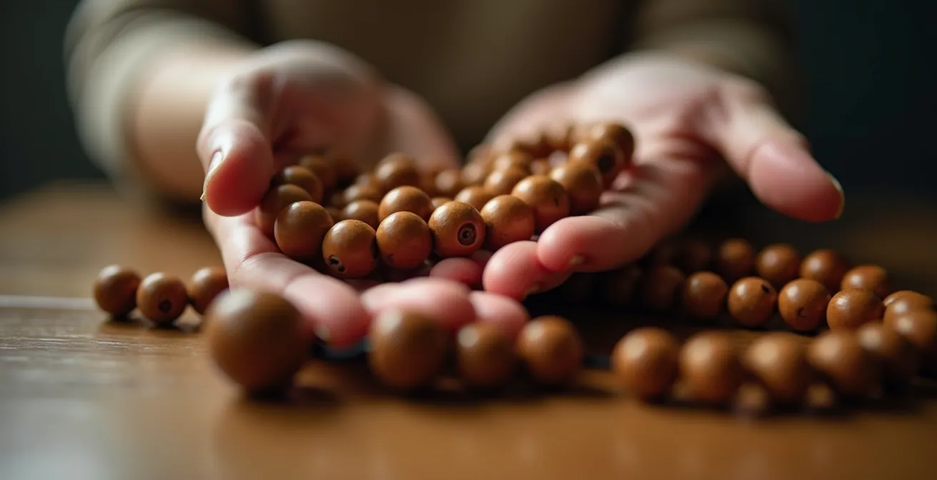 Gros plan sur des mains tenant délicatement un bracelet de perles en santal en position méditative