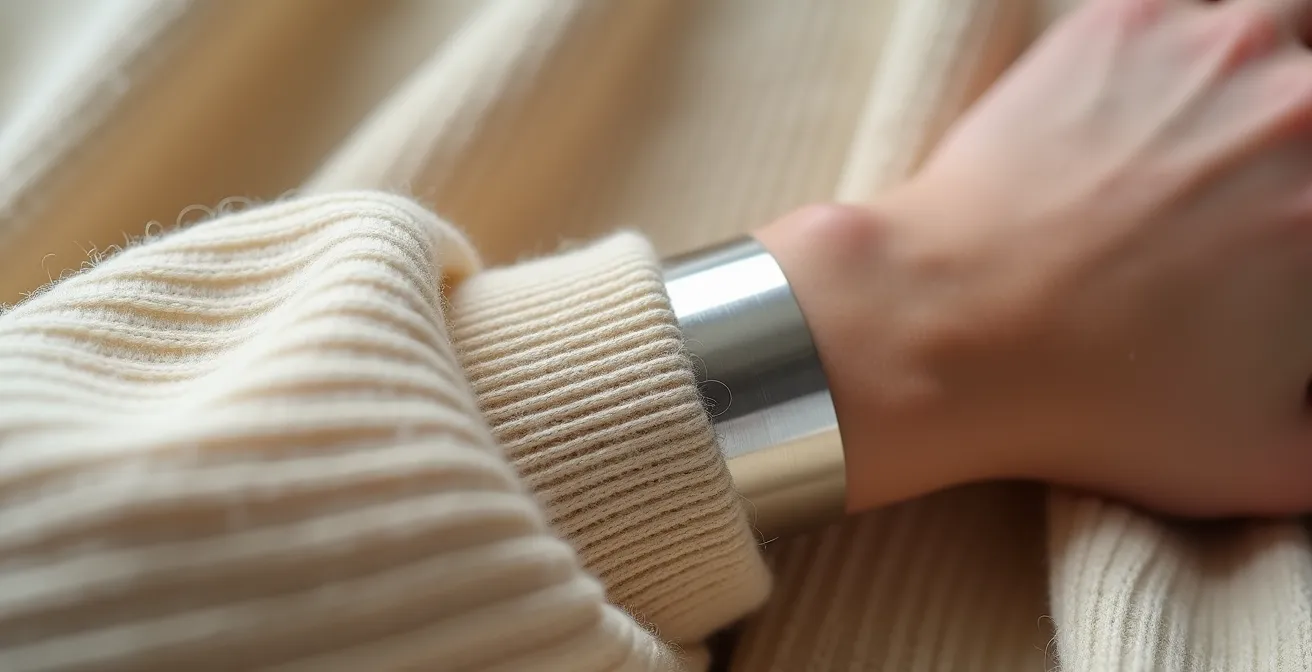 Gros plan sur un poignet fin portant une manchette en argent par-dessus un pull en cachemire beige