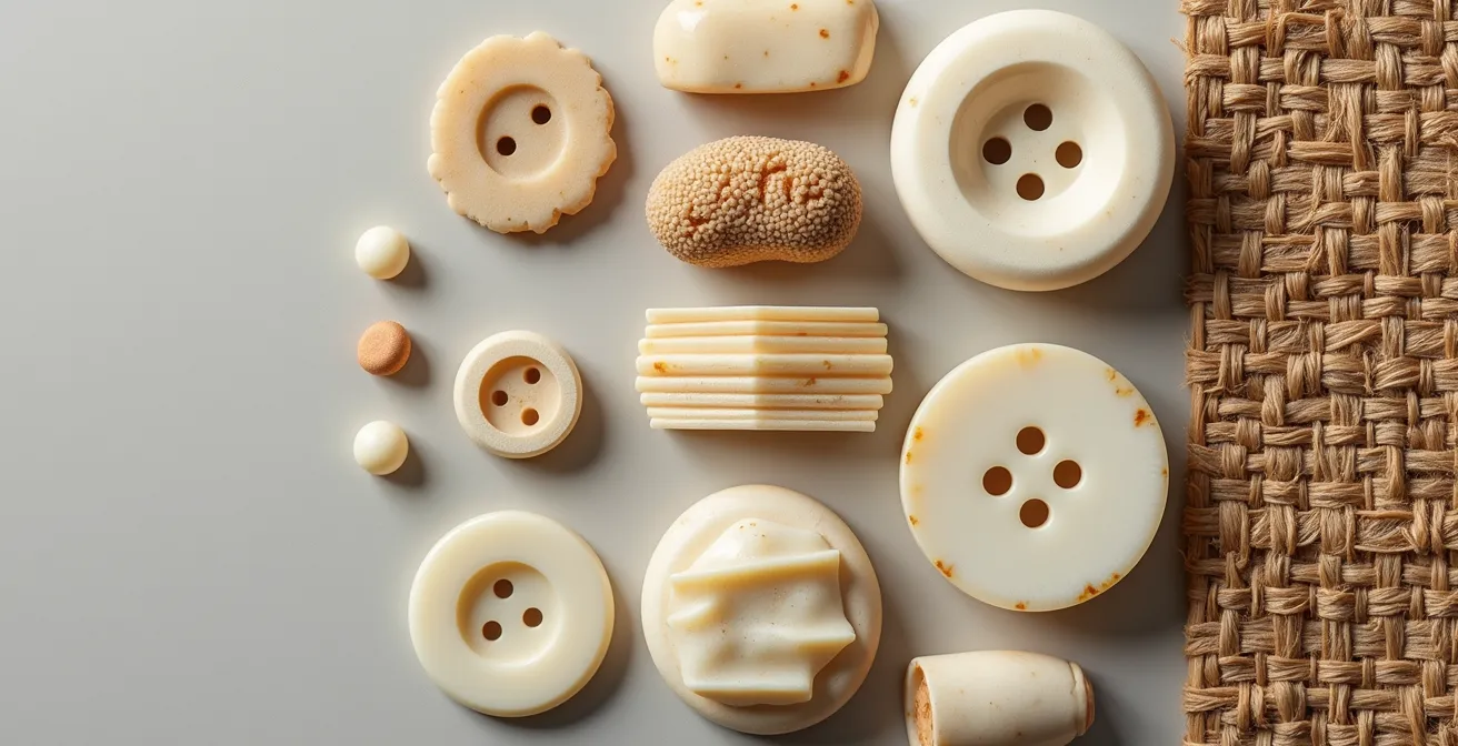 Macro photographie de matières alternatives écologiques montrant les textures uniques de la galalithe et de l'ivoire végétal