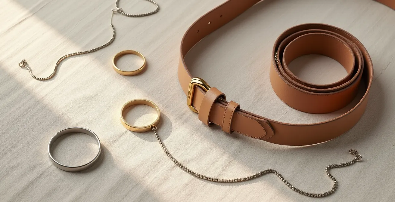 Composition harmonieuse montrant une ceinture avec boucle dorée associée à des bijoux argentés sur une surface neutre
