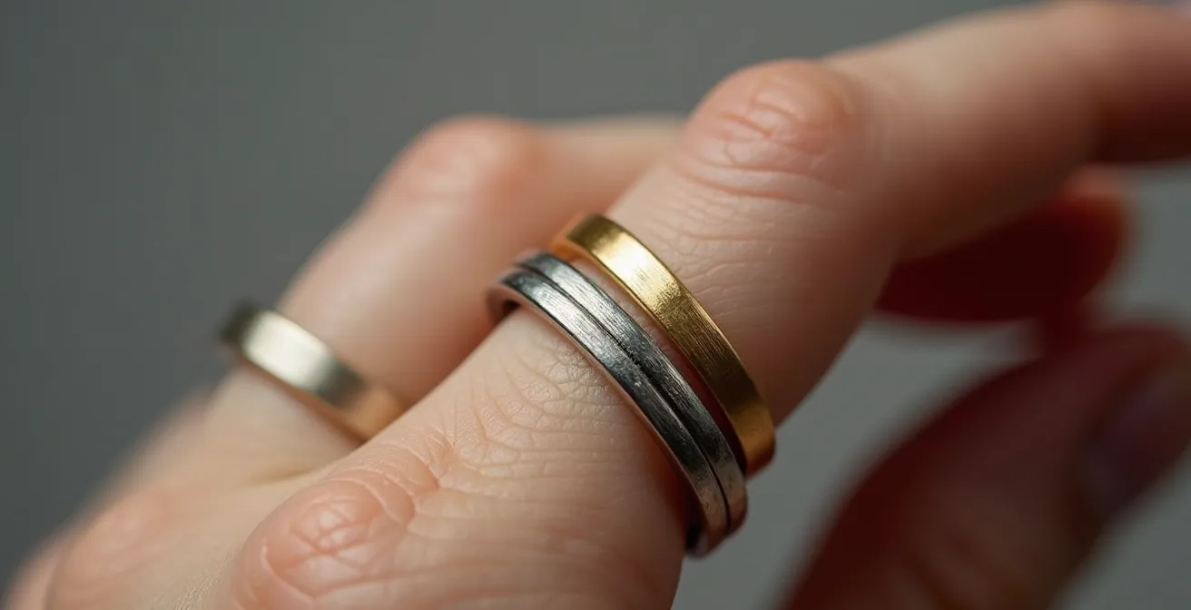 Gros plan sur des bagues en or et argent mélangées avec finitions brossées harmonieuses