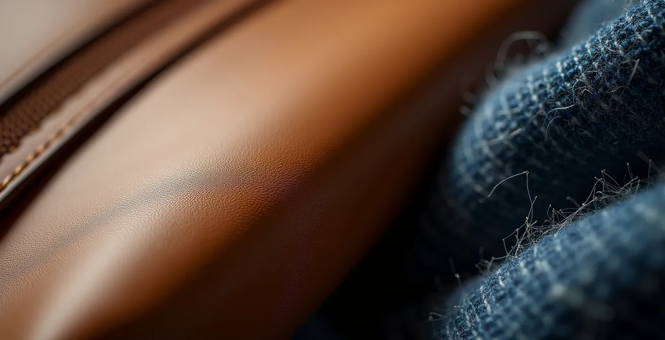 Détail rapproché de textures contrastées : cuir lisse luxueux contre maille douce en cachemire