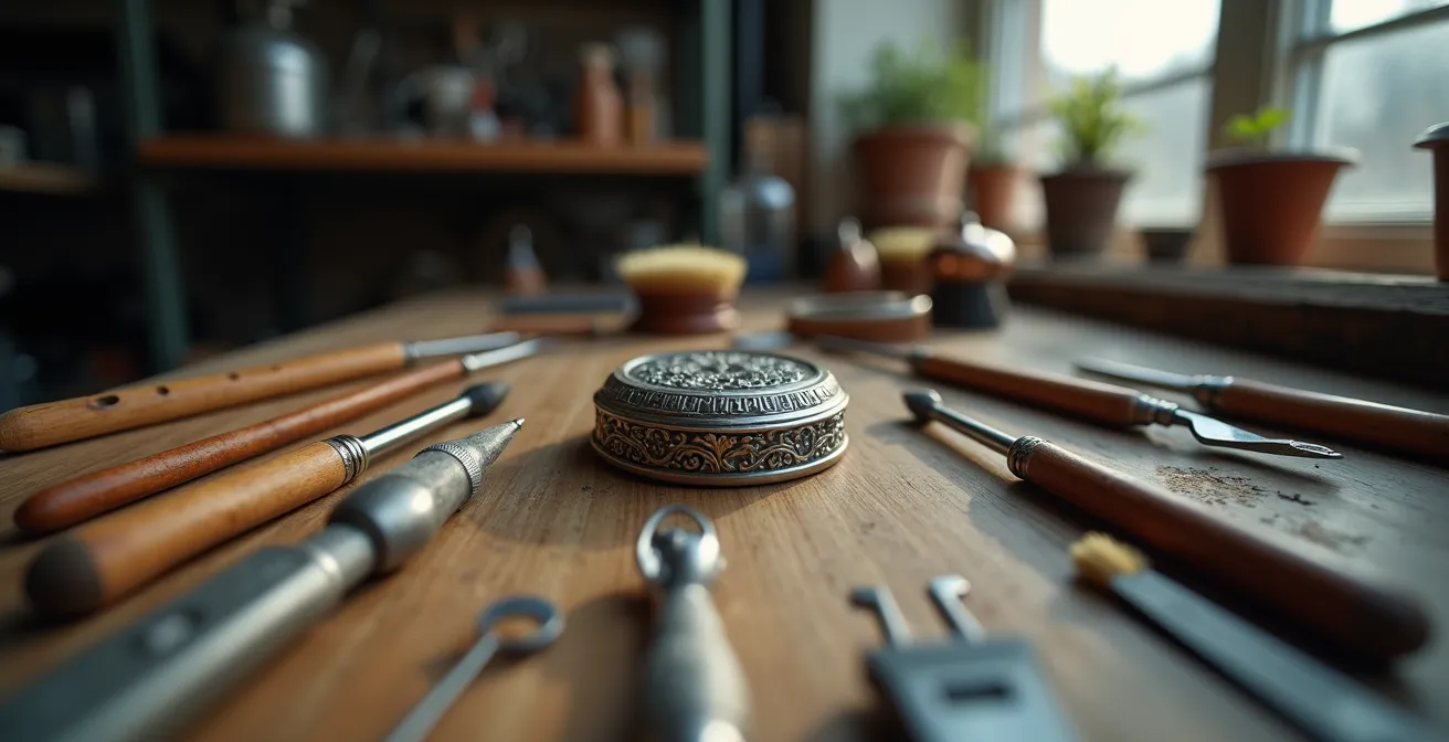 Outils d'entretien professionnels disposés autour d'un bijou ciselé ancien sur établi d'horloger