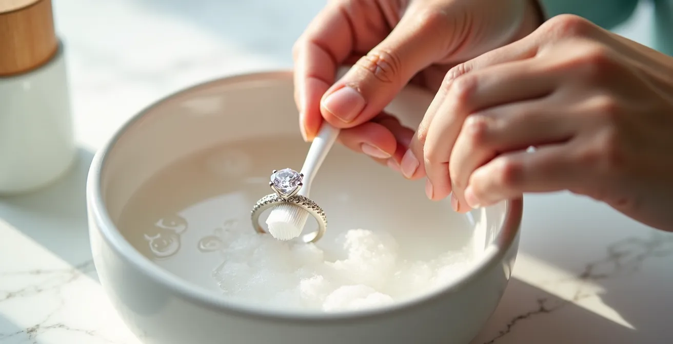 Mains délicates nettoyant un bijou serti de diamants avec une brosse douce au-dessus d'un bol d'eau savonneuse