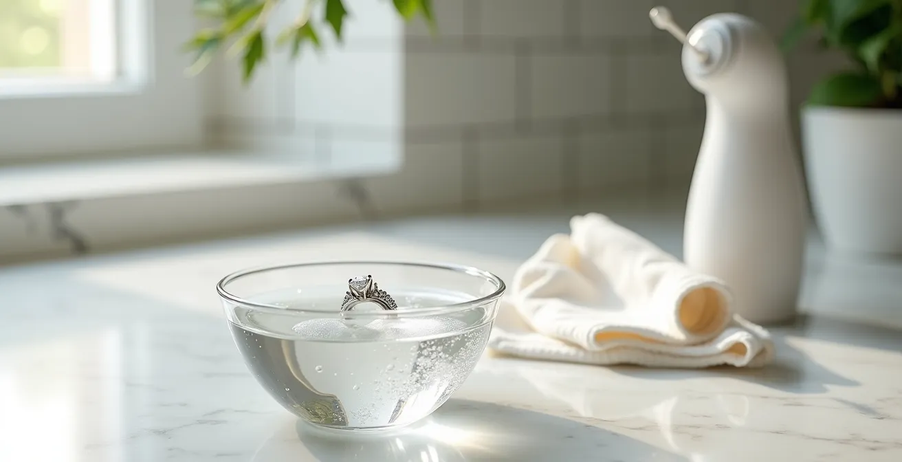 Technique de nettoyage d'un diamant serti avec un jet d'eau pulsé