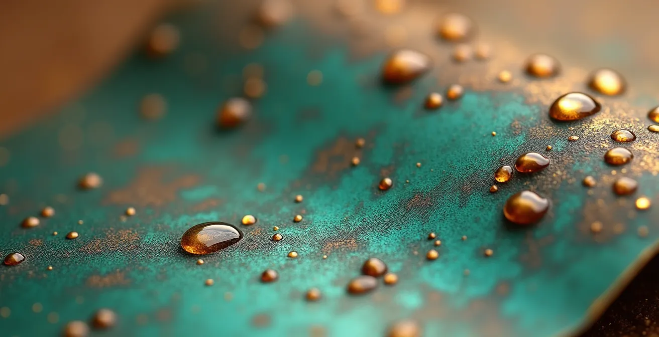 Gros plan sur l'oxydation du cuivre dans un alliage de laiton, créant une patine et des traces vertes au contact de la peau.
