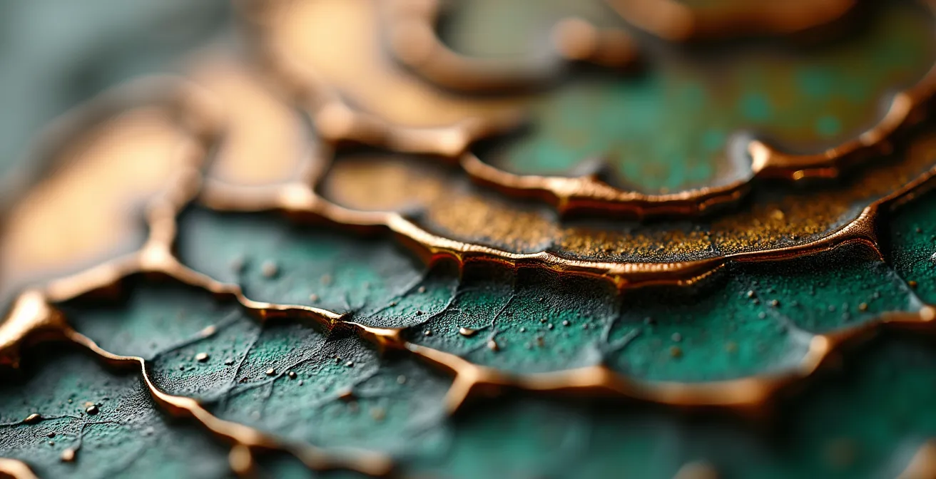 Détail macro d'une patine bronze multicouche montrant les nuances de vert, brun et doré créées par oxydation au chalumeau