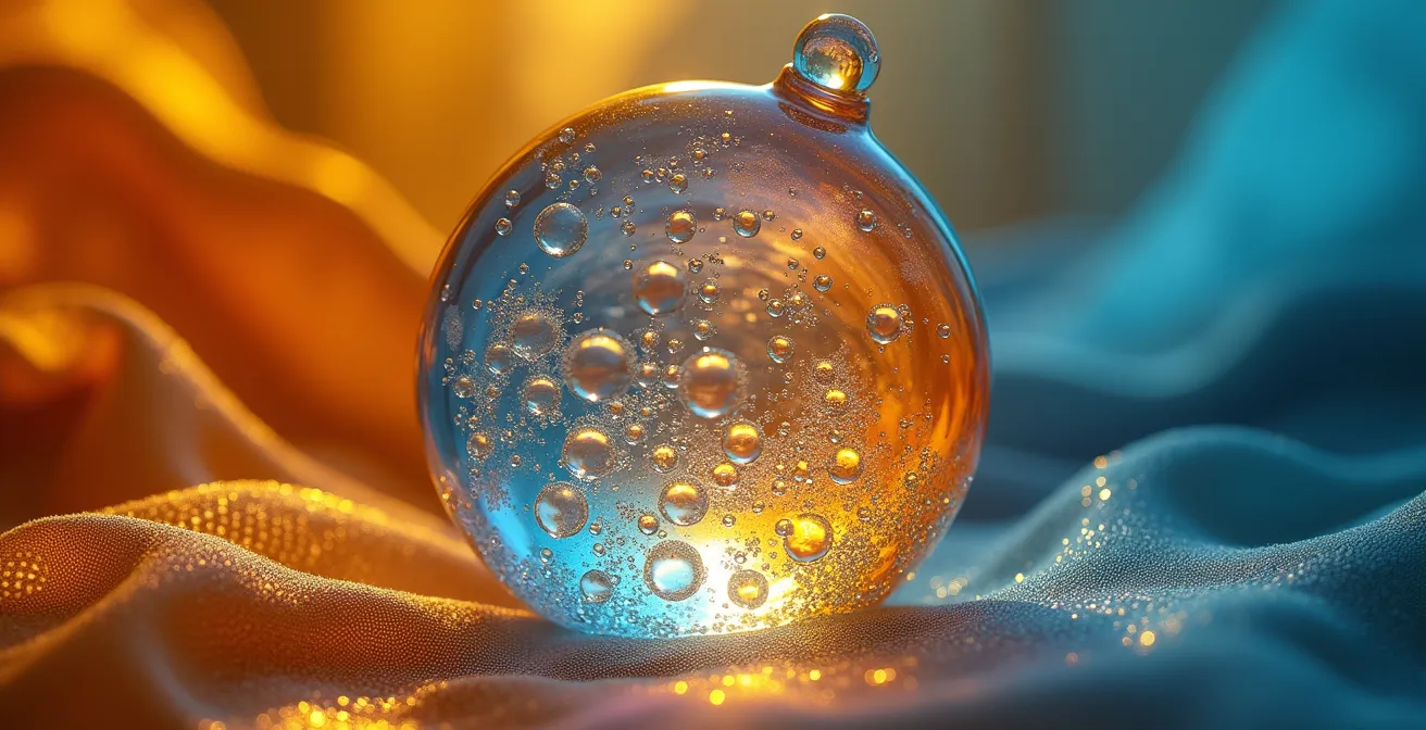 Pendentif en verre photographié sous différentes lumières montrant les variations de couleur