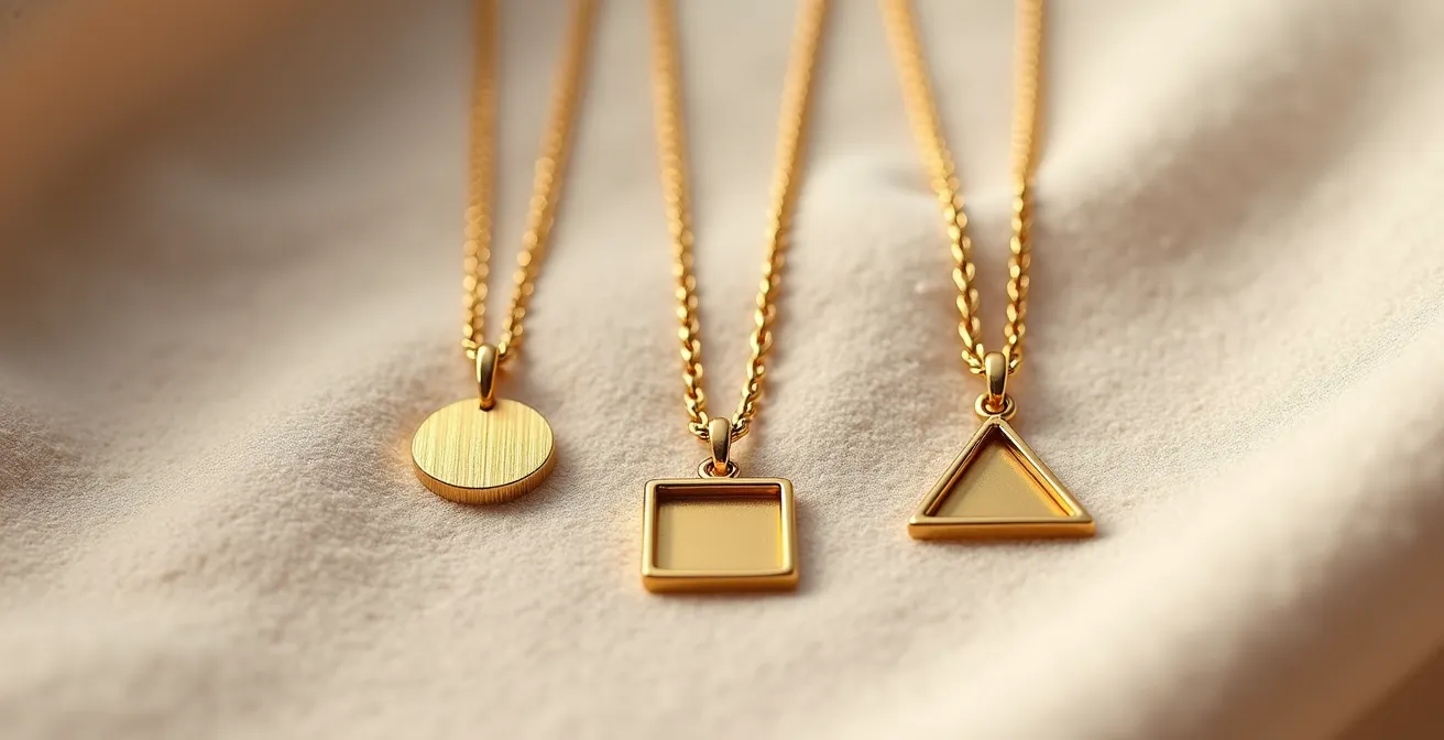 Comparaison de trois pendentifs géométriques minimalistes en or sur fond neutre