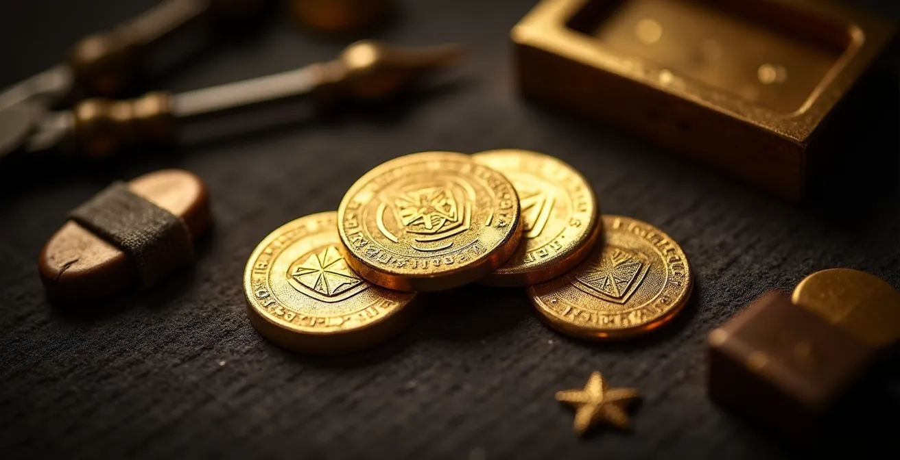 Détail de différents poinçons d'État français sur des bijoux en or, montrant leurs formes distinctives qui indiquent la pureté du métal.