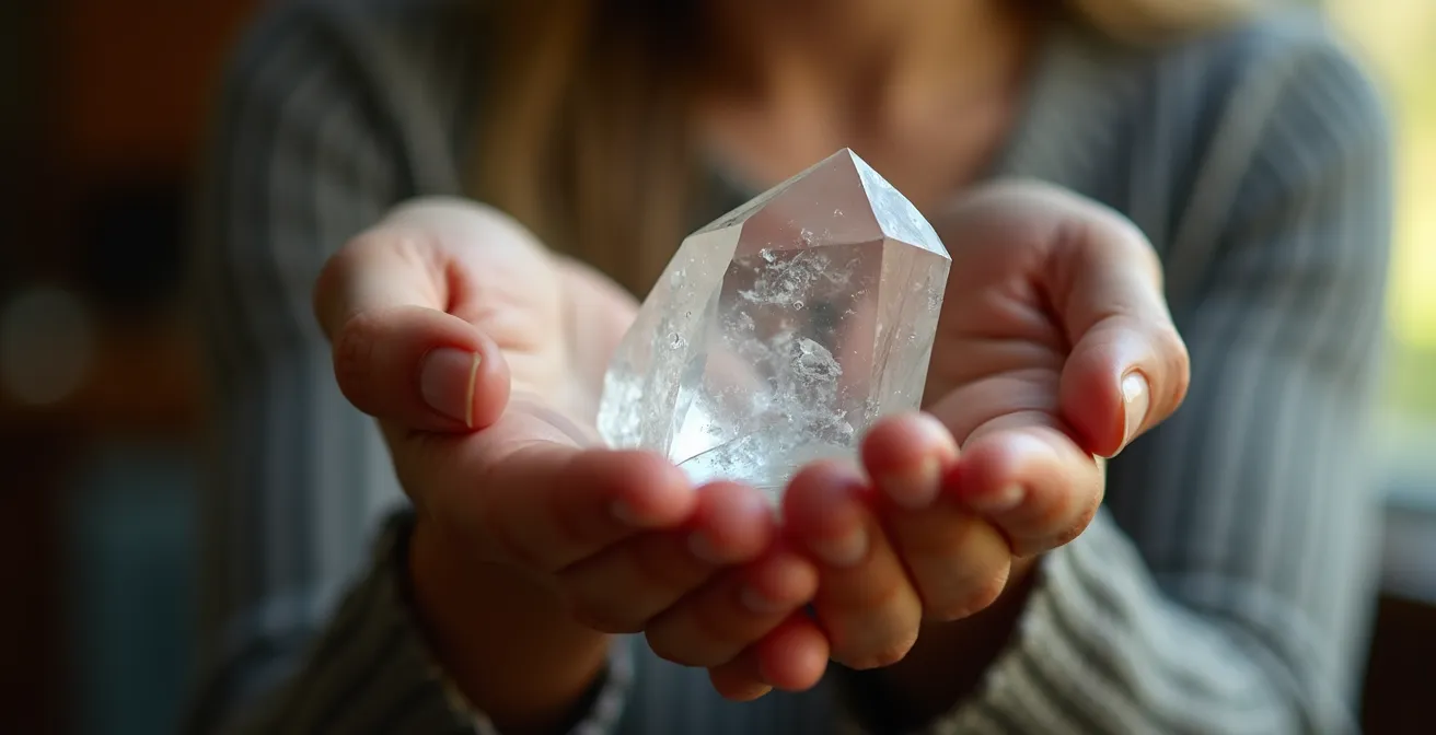 Mains tenant délicatement un cristal de quartz transparent avec effet de lumière douce