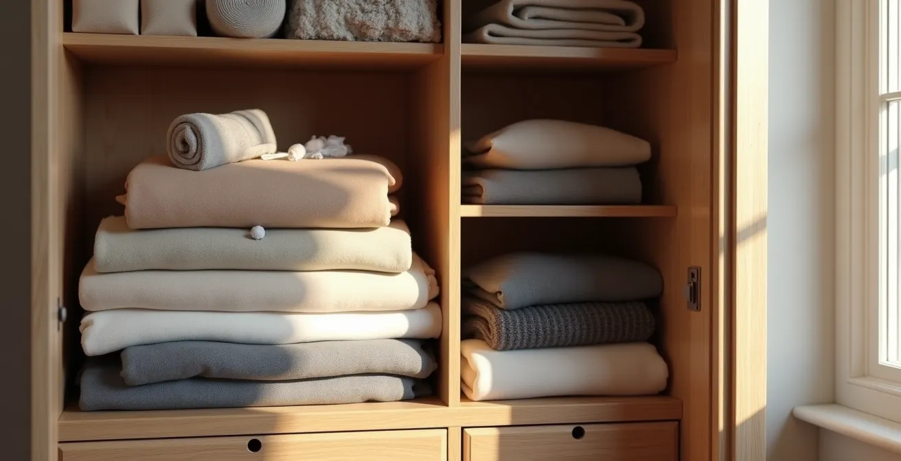 Rangement élégant de textiles nobles dans une armoire avec sachets de lavande